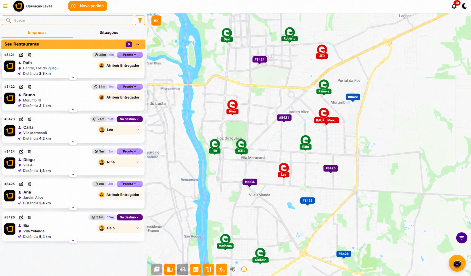 Painel Levae — Seu Restaurante com lista de pedidos e mapa de Foz do Iguaçu, preenchido com dados de demonstração.